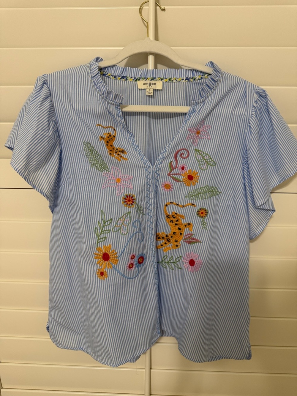 Umgee Blue & White Striped V-Neck Top with Floral and Leopard Embroidery